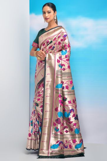Weaving Work On Paithani Silk Fabric Multi Color Gorgeous Saree