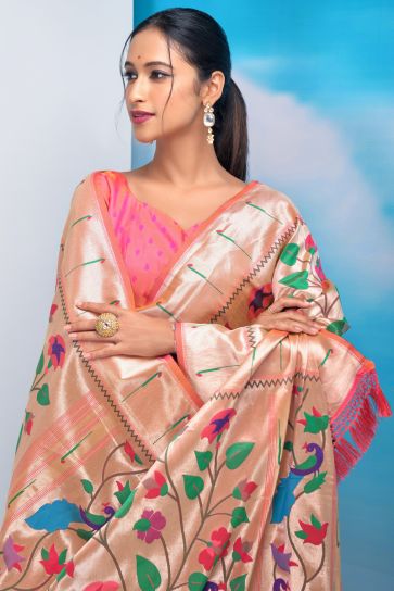 Engaging Peach Color Paithani Silk Fabric Saree With Weaving Work