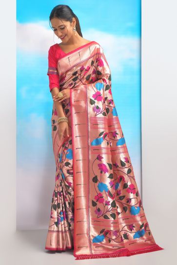 Amazing Weaving Work On Pink Color Paithani Silk Fabric Saree