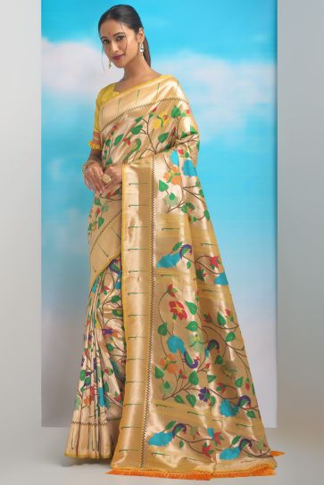 Yellow Color Weaving Work On Paithani Silk Fabric Chic Saree