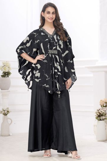 Marvellous Muslin Fabric Poncho style Top With Bottom In Black Color