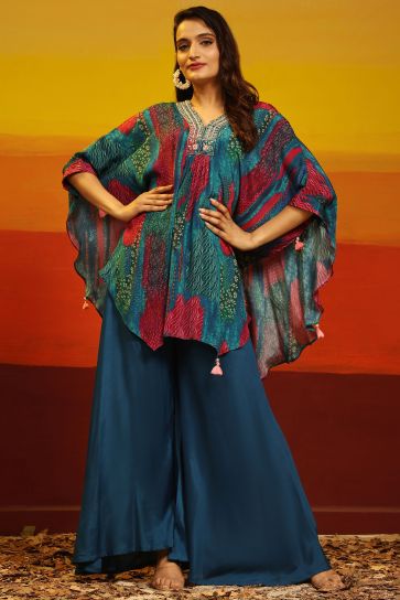 Trendy Muslin Fabric Blue Color Poncho style Top With Bottom