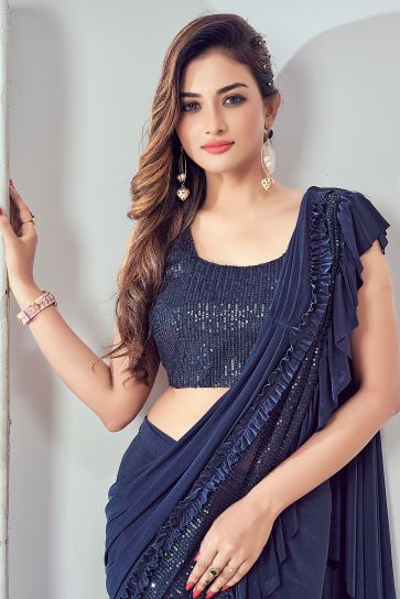 Navy Blue Color Ruffle Lycra Sequins Work Saree For Cocktail Party