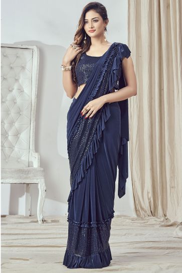 Navy Blue Color Ruffle Lycra Sequins Work Saree For Cocktail Party
