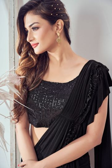 Black Color Ruffle Pre-Stitched Sequins Work Saree In Lycra