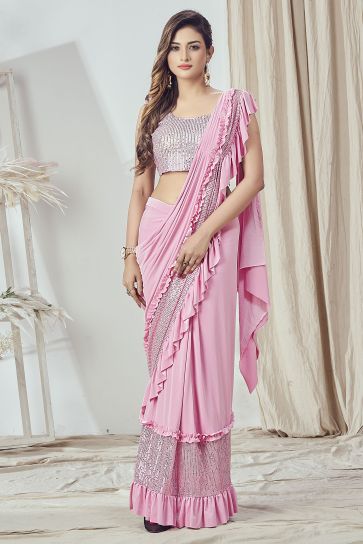 Pink Color Sequins Work Ruffle Saree In Lycra