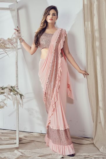 Peach Color Pre-Stitched Ruffle Sequins Work Saree In Lycra