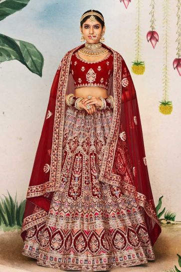 Traditional Wedding Look Maroon Color Bridal Lehenga In Velvet Fabric