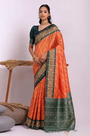 Orange Color Printed Festive Wear Soft Tussar Silk Saree