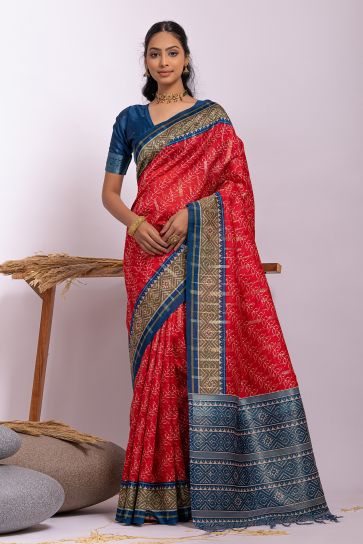 Attractive Red Color Printed Soft Tussar Silk Designer Saree
