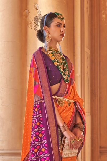 Casual Look Art Silk Fabric Orange Color Intricate Saree