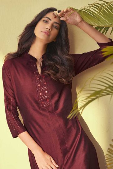 Maroon Color Casual Wear Embroidered Work Art Silk Fabric Imperial Kurti With Bottom
