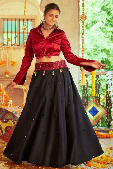 Imperial Black Color Cotton Fabric Navratri Special Top Skirt Set