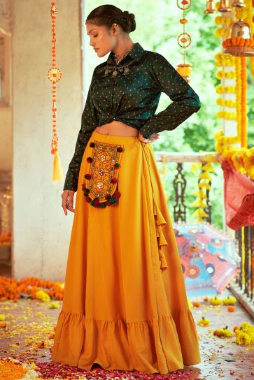 Elegant Yellow Color Cotton Fabric Navratri Special Top Skirt Set