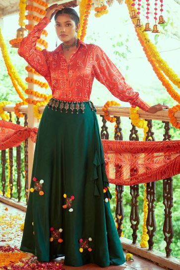 Awesome Cotton Fabric Navratri Special Top Skirt Set In Green Color