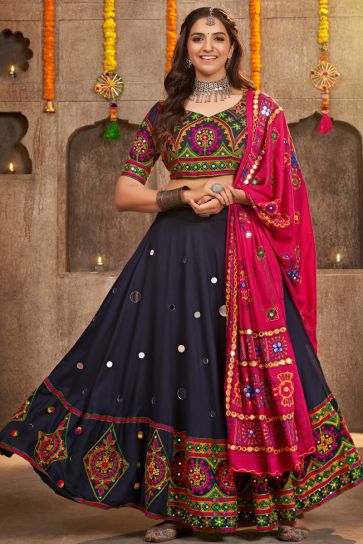 Tempting Viscose Rayon Fabric Navy Blue Color Navratri Special Lehenga Choli With Embroidered Work