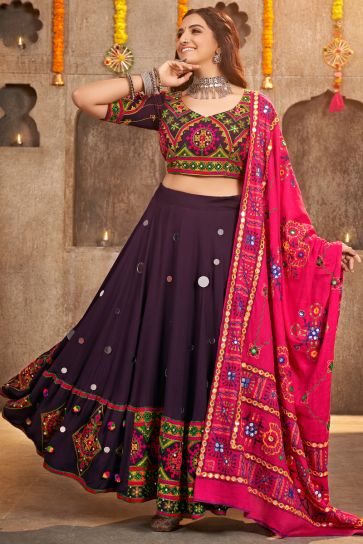 Embellished Embroidered Work On Purple Color Viscose Rayon Fabric Navratri Special Ghagra Choli