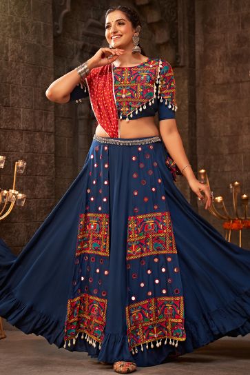 Navratri Special Excellent Viscose Rayon Fabric Blue Color Chaniya Choli With Embroidered Work