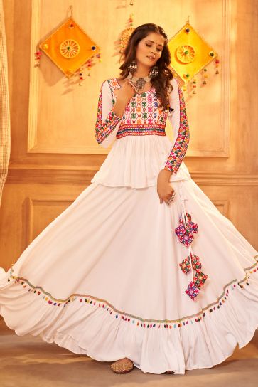 Viscose Rayon Fabric Embroidered Navratri Special Ghagra Choli In White Color