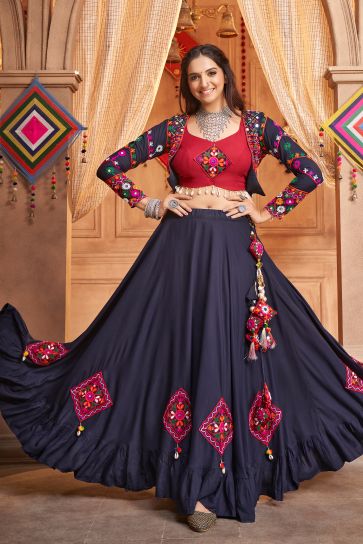 Navratri Special Embroidered Work On Viscose Rayon Fabric Navy Blue Color Awesome Lehenga Choli