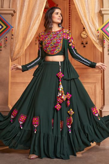 Viscose Rayon Fabric Embroidered Designer Navratri Special Lehenga Choli In Dark Green Color