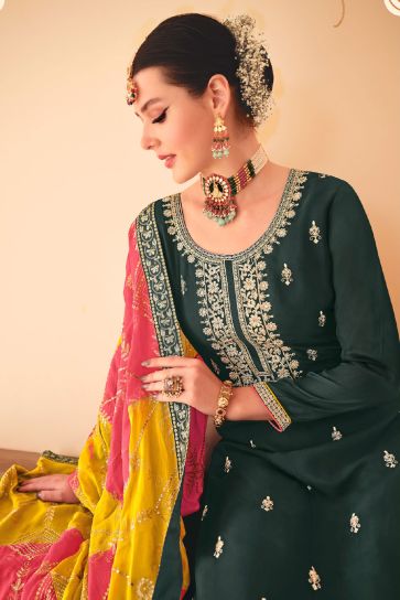 Dazzling Chinon Fabric Green Color Embroidered Salwar Suit