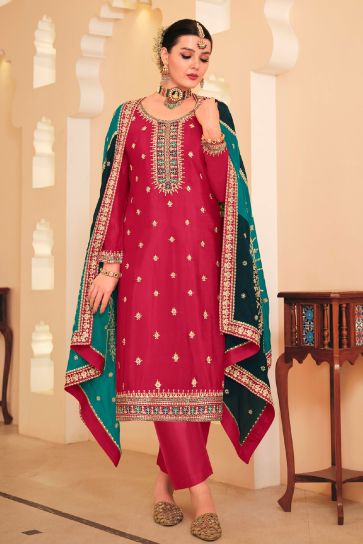 Radiant Pink Color Chinon Fabric Embroidered Salwar Suit
