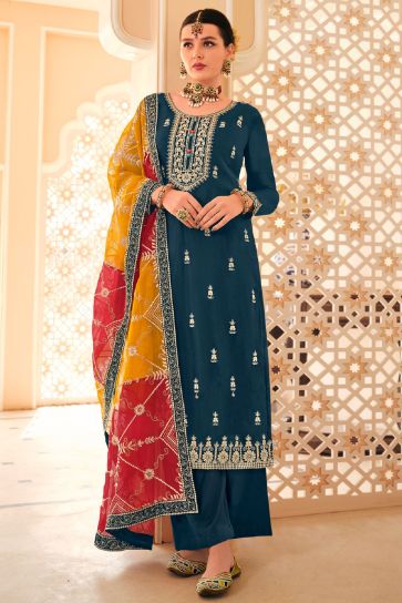 Chinon Fabric Teal Color Excellent Embroidered Salwar Suit