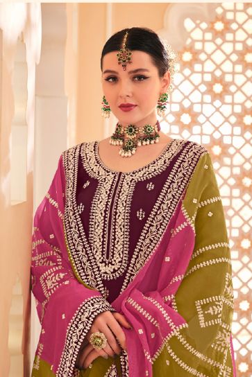 Maroon Color Glittering Chinon Fabric Embroidered Salwar Suit