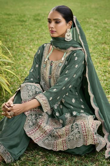 Chinon Fabric Captivating Green Color Readymade Palazzo Suit