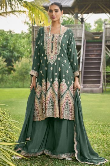Chinon Fabric Captivating Green Color Readymade Palazzo Suit