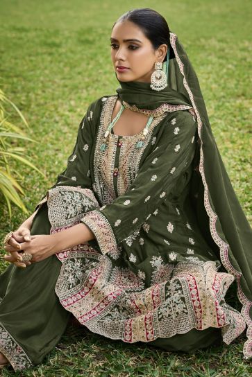 Chinon Fabric Mehendi Green Color Gorgeous Readymade Palazzo Suit