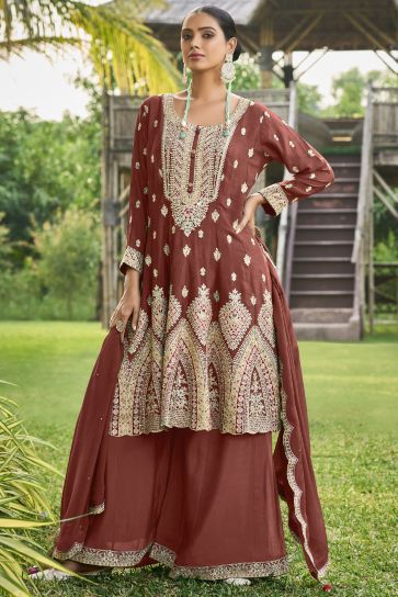 Chinon Fabric Brown Color Beatific Readymade Palazzo Suit