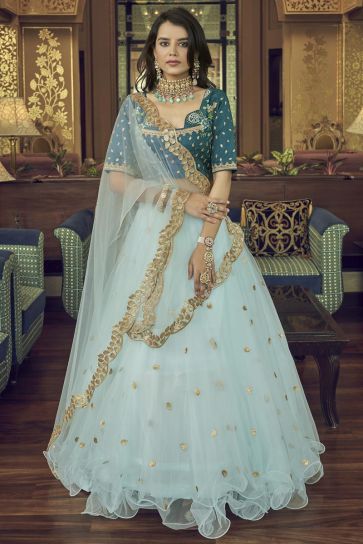 Net Fabric Light Cyan Color Lehenga With Winsome Embroidered Work