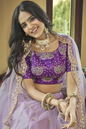 Incredible Embroidered Work On Net Fabric Lavender Color Lehenga
