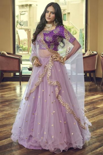 Incredible Embroidered Work On Net Fabric Lavender Color Lehenga