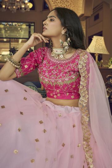 Engaging Pink Color Net Fabric Lehenga With Embroidered Work