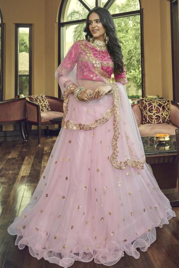 Engaging Pink Color Net Fabric Lehenga With Embroidered Work