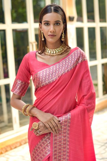 Beguiling Pink Color Casual Look Cotton Silk Saree
