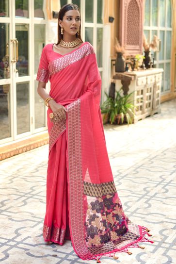 Beguiling Pink Color Casual Look Cotton Silk Saree