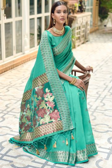 Casual Look Sea Green Color Embellished Cotton Silk Saree
