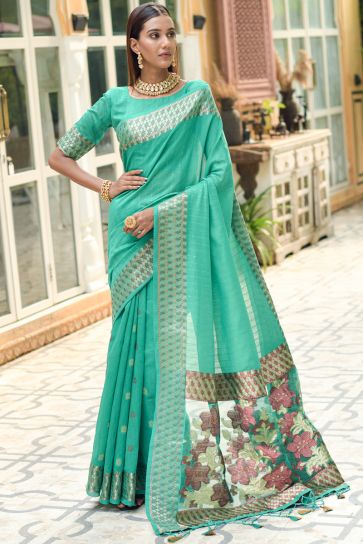 Casual Look Sea Green Color Embellished Cotton Silk Saree