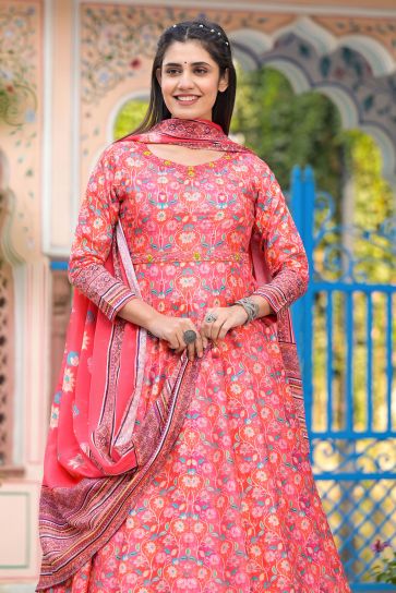 Peach Color Dola Silk Fabric Beautiful Readymade Anarkali Suit With Digital Printed Work