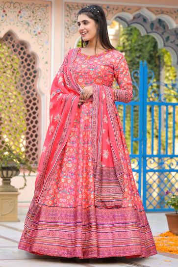 Peach Color Dola Silk Fabric Beautiful Readymade Anarkali Suit With Digital Printed Work