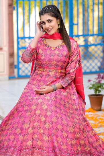 Pink Color Dola Silk Fabric Glorious Readymade Anarkali Suit With Digital Printed Work