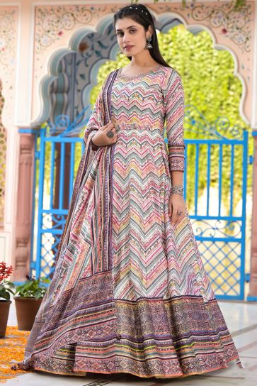 Multi Color Dola Silk Fabric Charming Readymade Anarkali Suit With Digital Printed Work