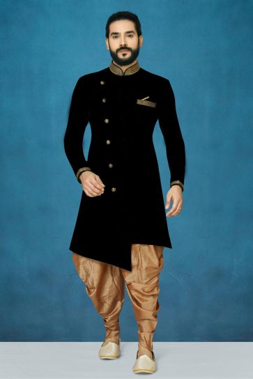 Dusky Black Color Art Silk Fabric Function Wear Dhoti Style Indo Western