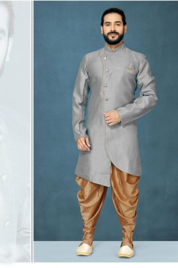 Grey Color Function Wear Art Silk Fabric Flamboyant Dhoti Style Indo Western
