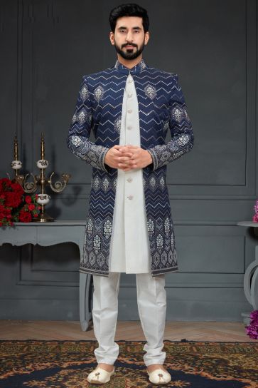 Wedding Wear Readymade Indo Western For Men In Silk Navy Blue Color