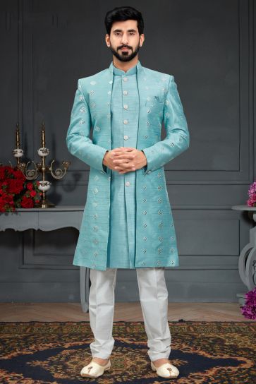 Pretty Silk Fabric Wedding Wear Readymade Men Indo Western In Cyan Color